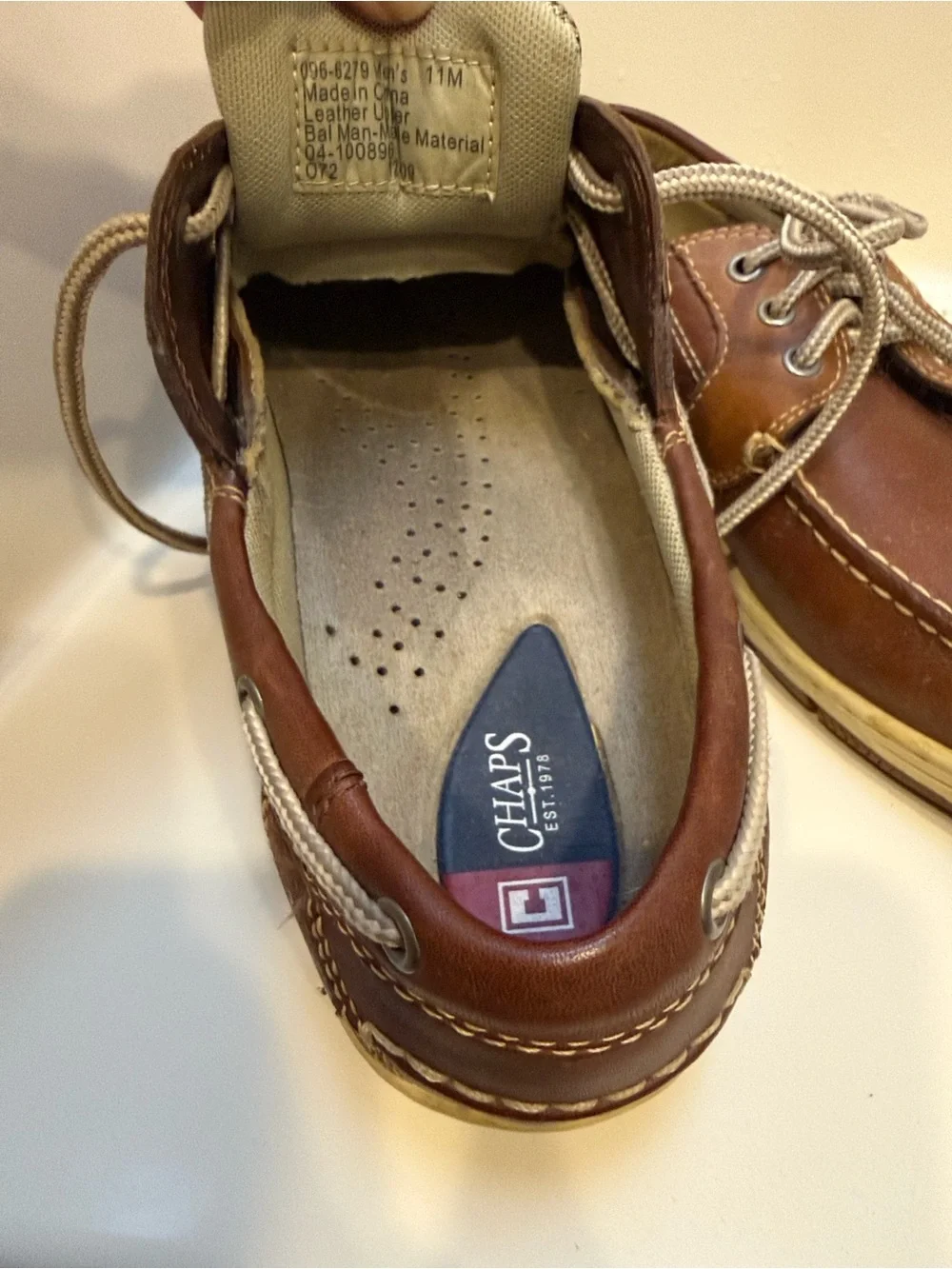 Chaps Men’s Leather Boat Shoes Brown Lace-Up Loafers Size 11M